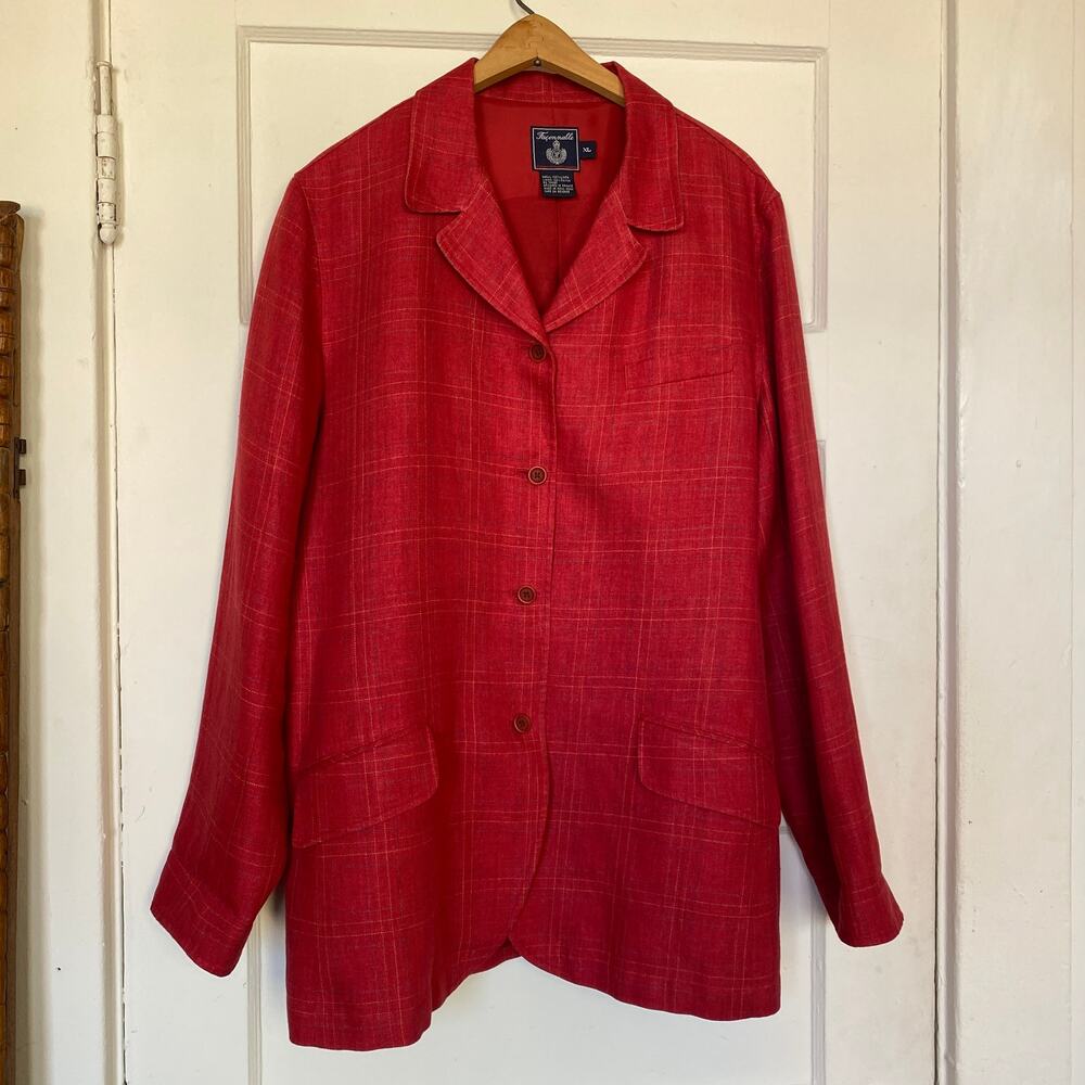 Faconnable Red Linen Plaid Blazer White Blue Stripes Lightweight Summer